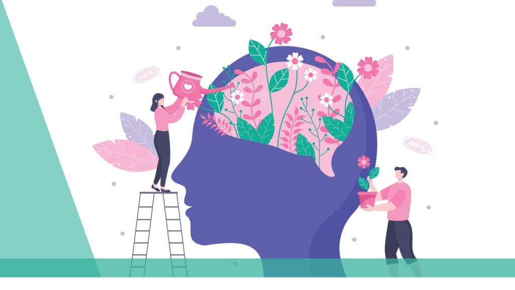 Illustration of a head silhouette filled with plants and flowers, with one person watering the plants and another holding a pot of flowers.