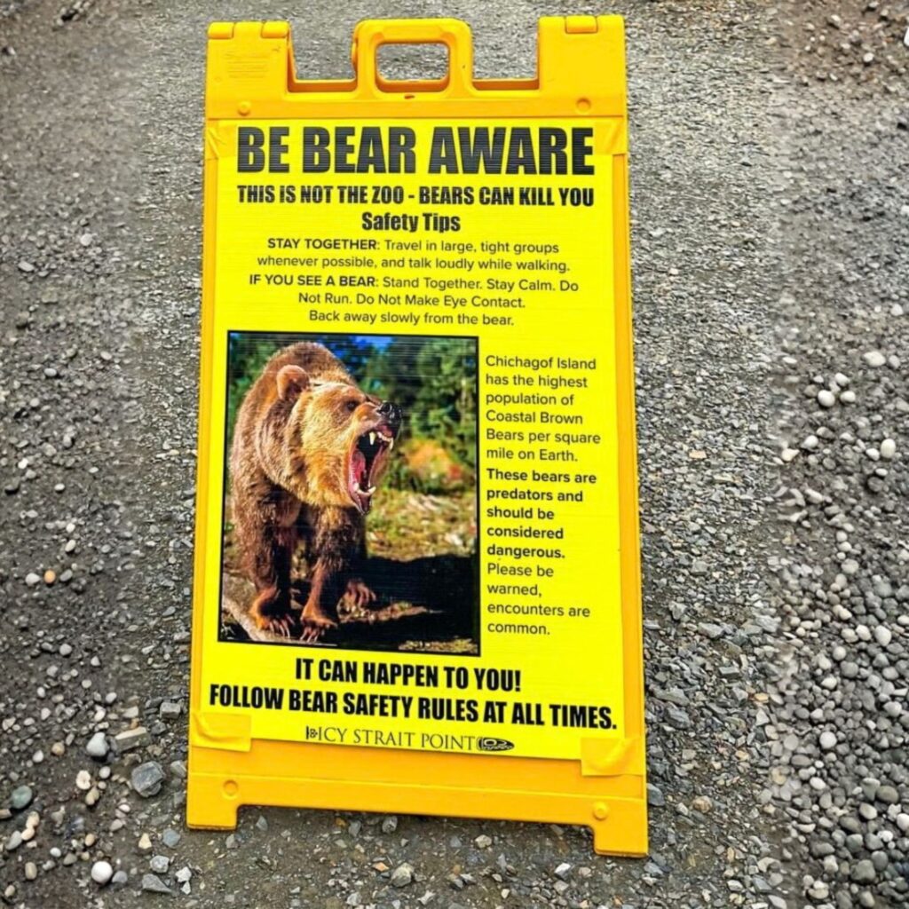 A yellow safety sign warning about bears, with text emphasizing safety tips and the dangers of bear encounters. A picture of an angry bear is shown on the sign.