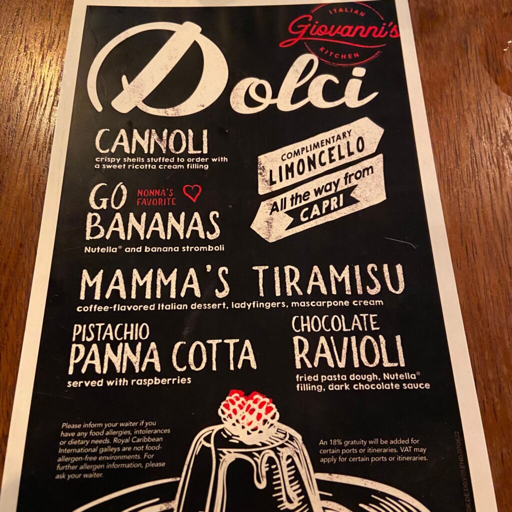 Menu for Giovanni's Italian restaurant featuring dolci (desserts) including cannoli, go bananas, mamma's tiramisu, pistachio panna cotta, and chocolate ravioli.

