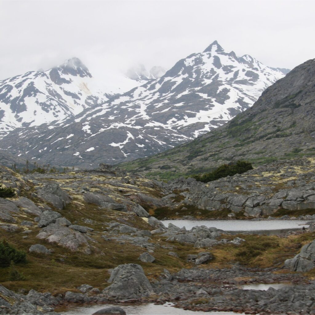 A river flowing through a rocky landscape with mountains in the background.
