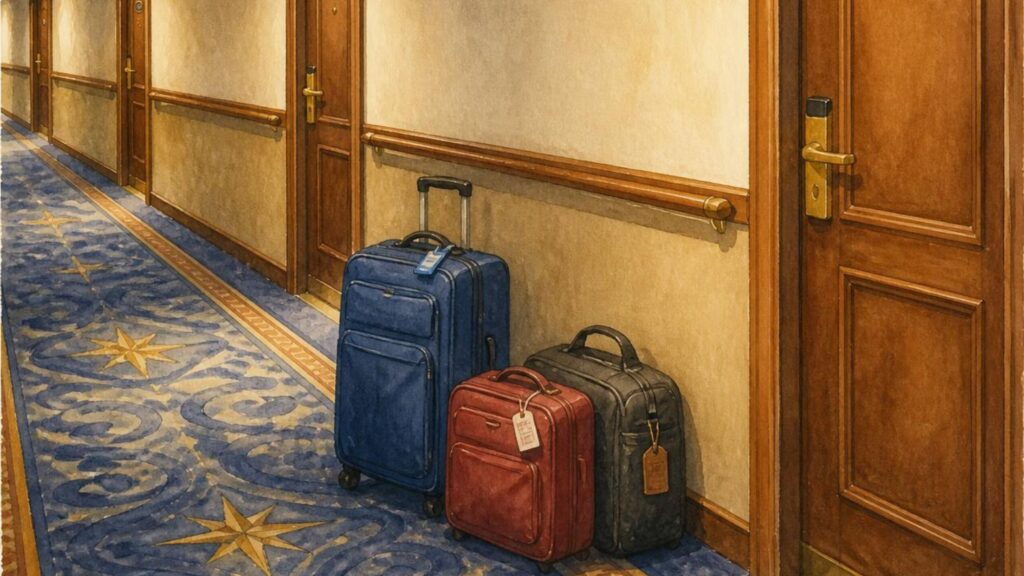 A hallway with three pieces of luggage, one blue, one red and one green, placed beside the wall near cruise room doors.