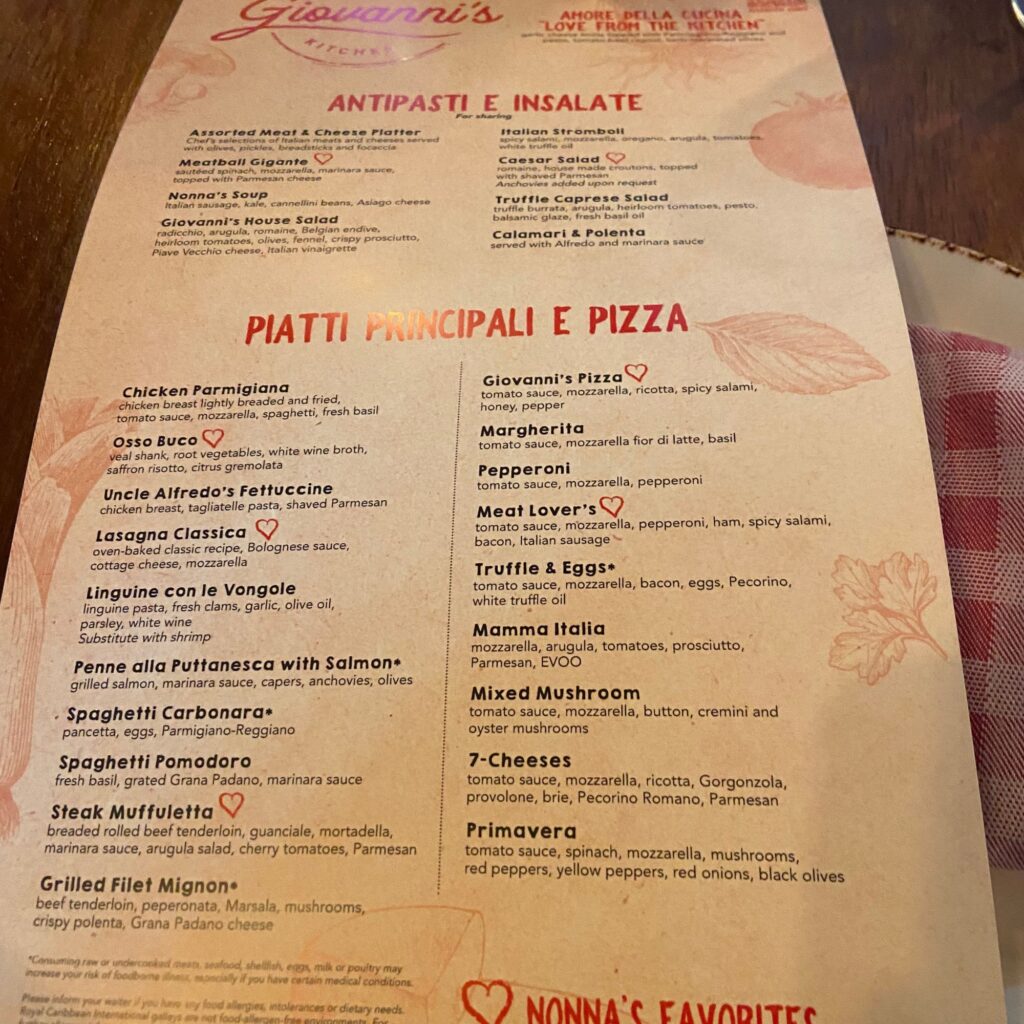 Menu from Giovanni's featuring sections for appetizers, pizzas, and favorites.

