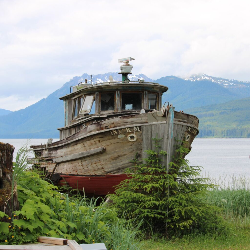 A weathered old boat resting on a grassy area near a lake, surrounded by trees and mountains in the background.