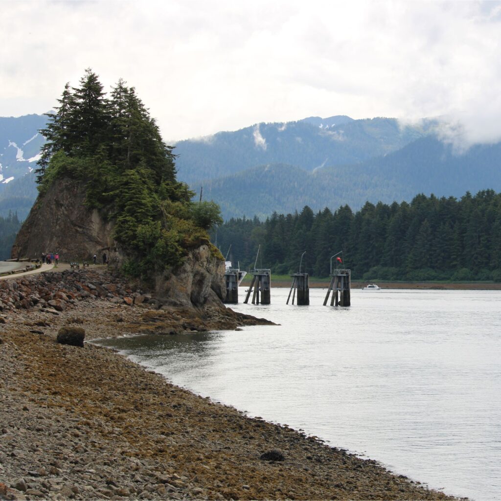 A scenic view of a rocky shore with a coastline, featuring a small island with trees and mountains in the background, partly cloudy sky.