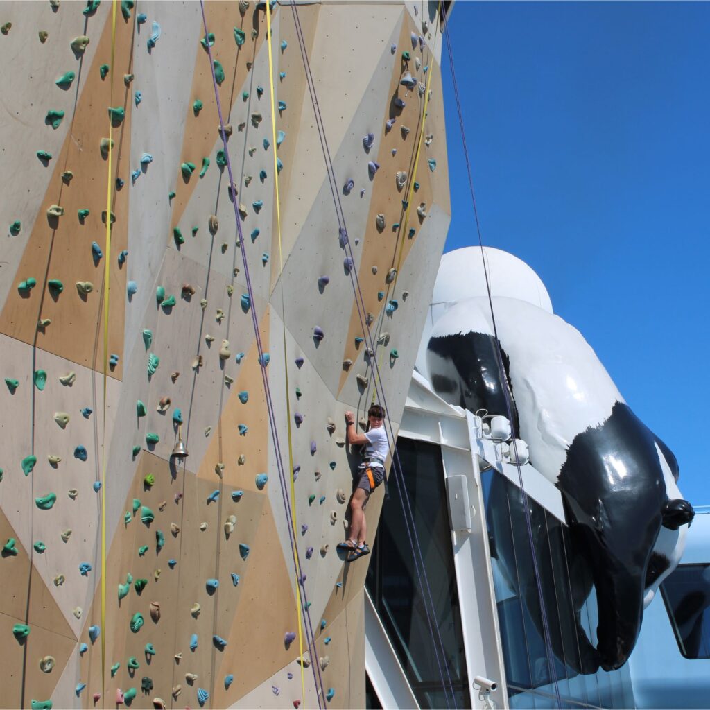 A person climbing a colorful indoor rock climbing wall next to a large sculpture of a panda's head.