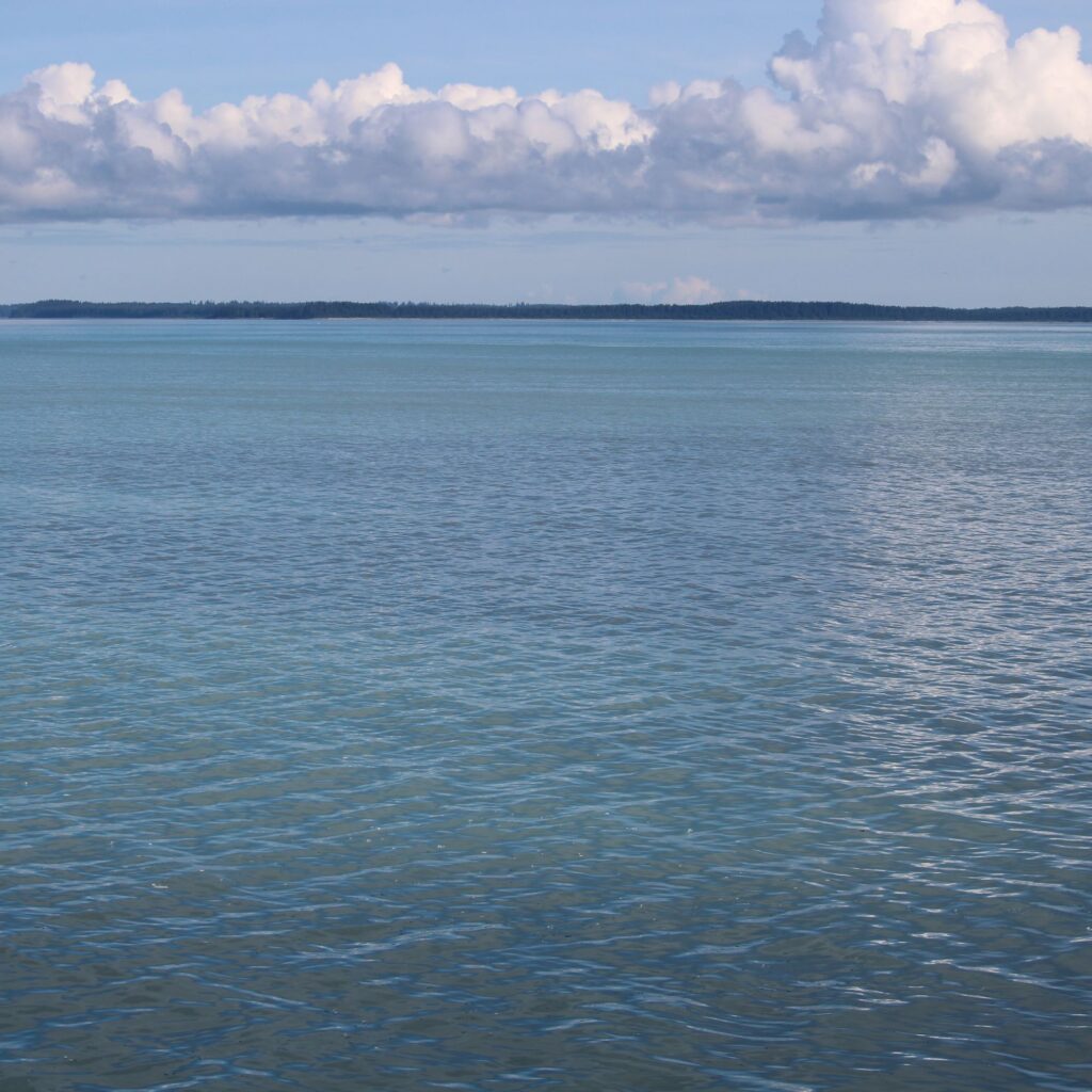 A serene view of a calm body of water under a blue sky with scattered clouds.