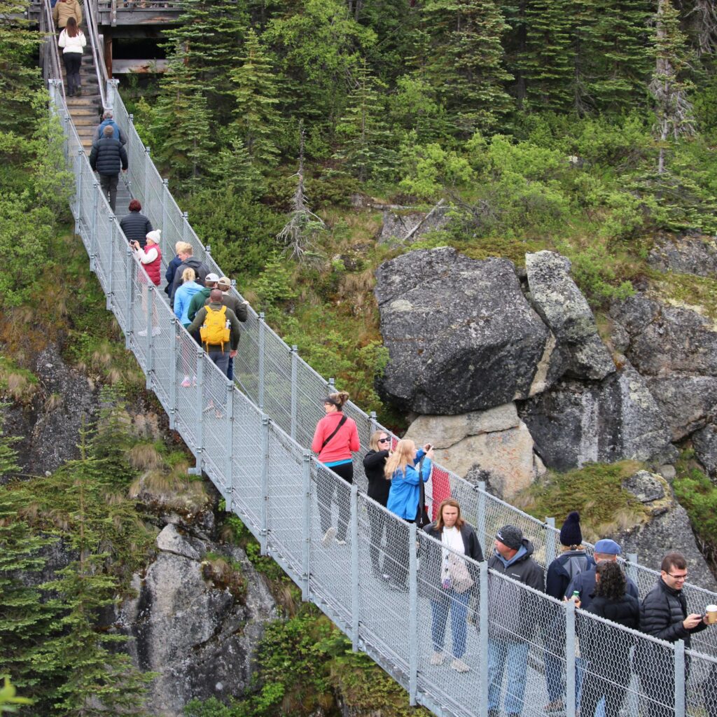 A crowd of people walking on a suspension bridge in a forested area, surrounded by rocks and greenery.