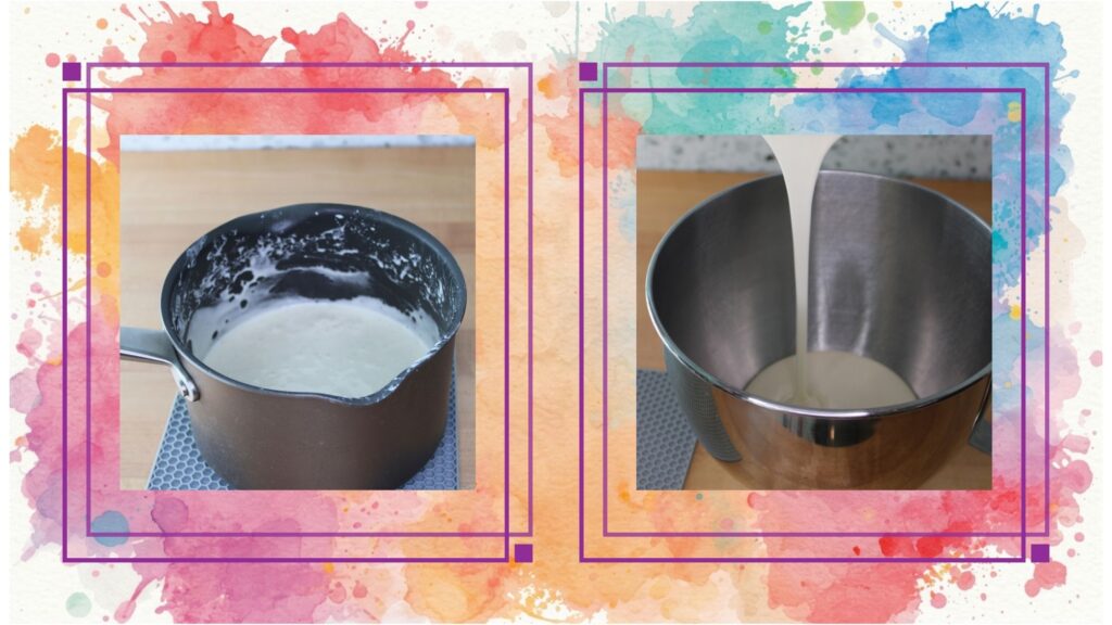 A saucepan with melted marshmallow on the left, and a mixing bowl with marshmallow pouring into it on the right, both set against a colorful, watercolor background.