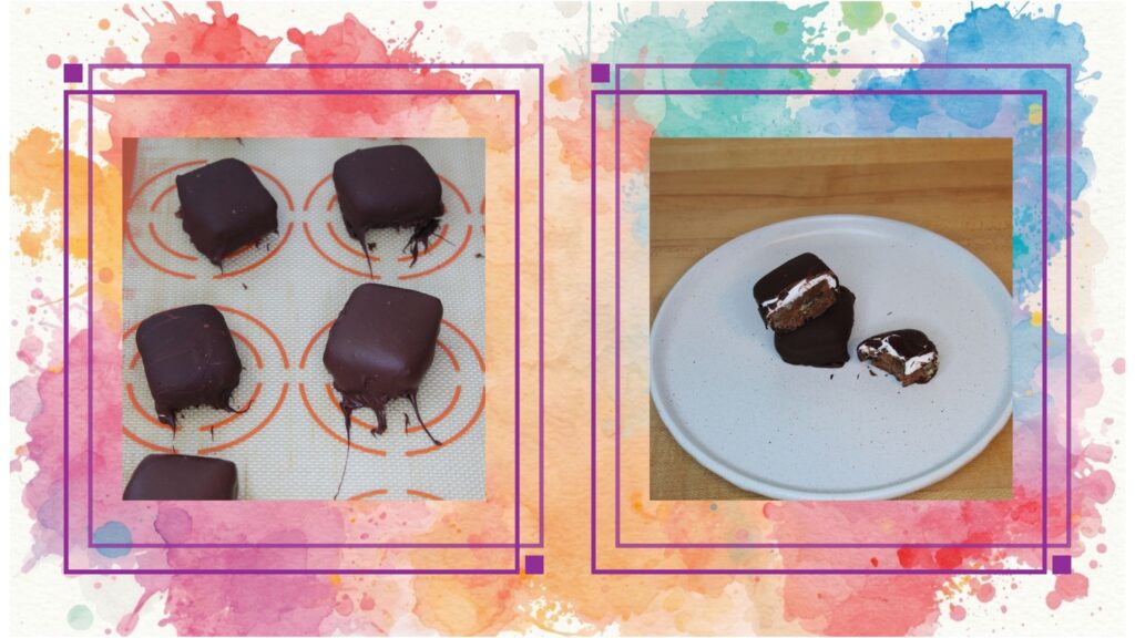 Two images of chocolate-covered treats are presented side by side. The left image shows several chocolate-covered square confections on a baking mat, while the right image features a single chocolate-covered treat cut in half, revealing a creamy filling inside, sitting on a white plate.