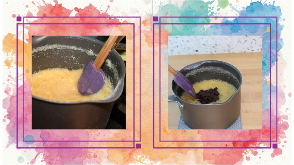 Two images side by side: the left image shows a pot containing a yellow mixture being stirred with a purple spatula, and the right image shows the same pot with chocolate chips being added. The background has a colorful watercolor design.