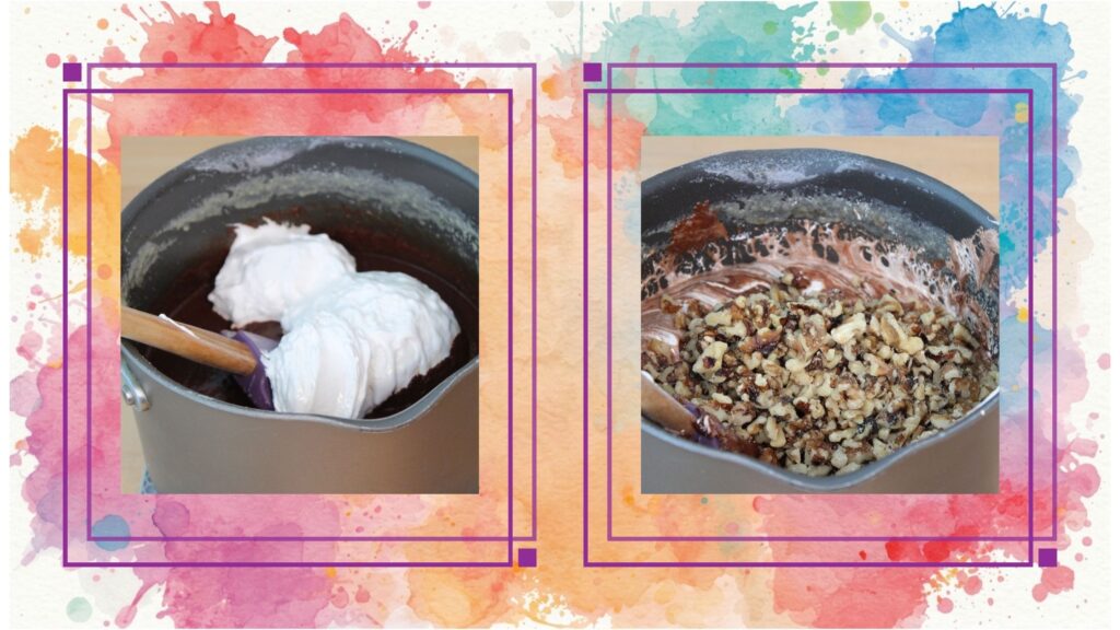 Two images side by side: the left image shows a pot containing a white mixture being stirred with a purple spatula, and the right image shows the same pot with a cream brown mixture streaked with white and nuts being folded in. The background has a colorful watercolor design.