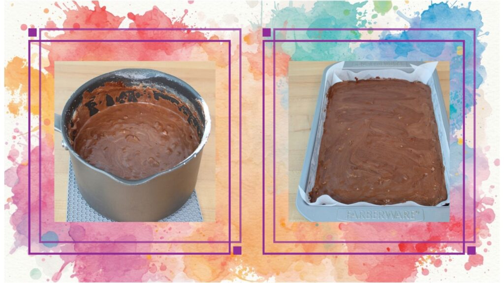 A pot of chocolate nut fudge on the left and a baking dish filled with the fudge mixture on the right, both set against a colorful watercolor background.