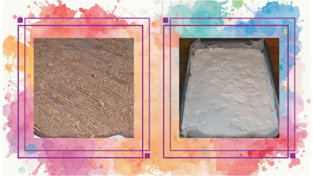 Two images side by side: the left image shows a scoured surface of fudge, while the right image displays a pan filled with a smooth, white, fluffy marshmallow cream topping.