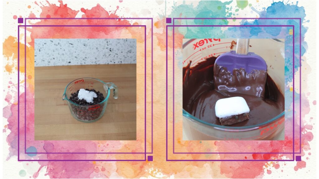 A glass measuring cup with layered chocolate chips and a dollop of coconut oil on top, next to a bowl of melted chocolate with a marshmallow fudge square in the center with a spatula, set against a colorful, watercolor background.