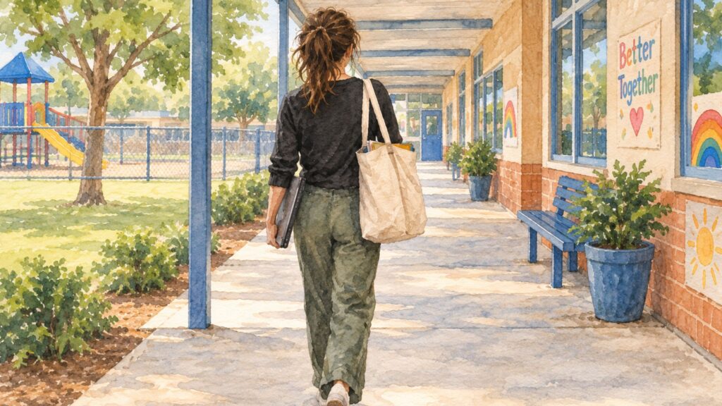 A woman with brown hair walking away down a school corridor, carrying a bag and a laptop, with playground and colorful wall decorations visible.