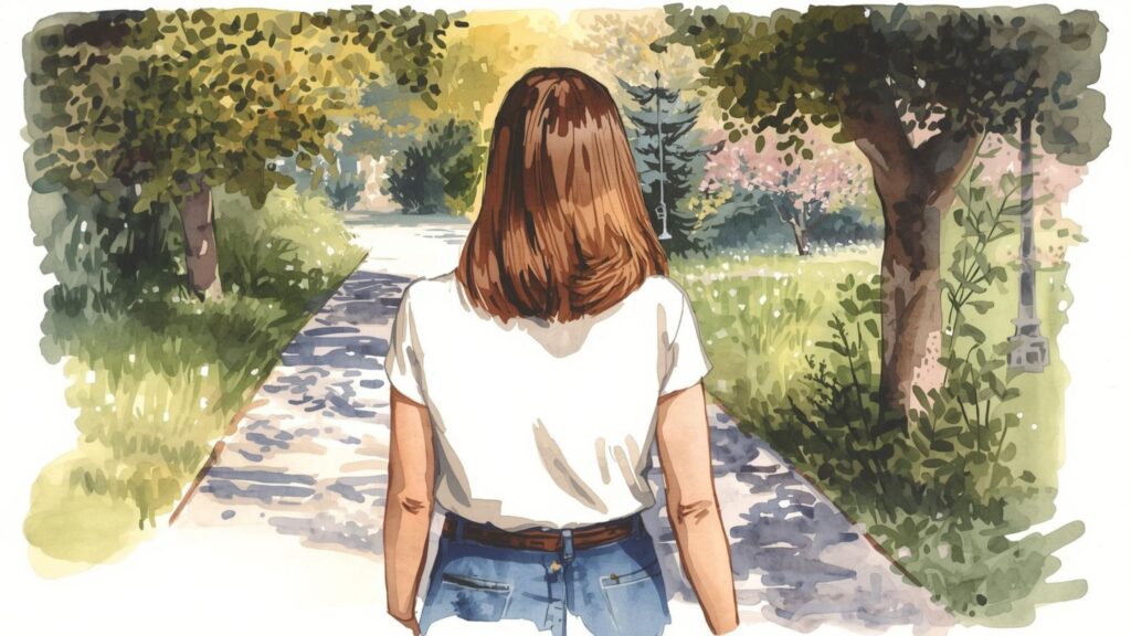 A woman with brown hair walking away down a path lined with trees and green grass.